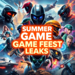 A dynamic collage of video game characters and logos, featuring futuristic cities, fantasy landscapes, and intense action scenes, with a glowing 'Summer Game Fest Leaks' overlay. The style is vibrant and energetic, conveying excitement and mystery, ultra realistic, highly detailed, 8k quality, photorealistic