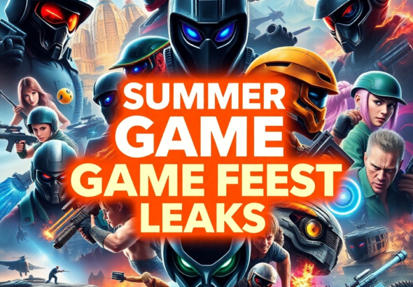 A dynamic collage of video game characters and logos, featuring futuristic cities, fantasy landscapes, and intense action scenes, with a glowing 'Summer Game Fest Leaks' overlay. The style is vibrant and energetic, conveying excitement and mystery, ultra realistic, highly detailed, 8k quality, photorealistic