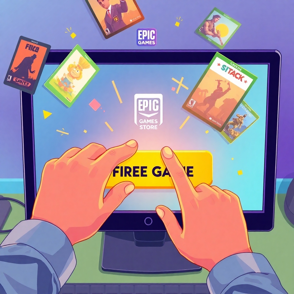unbelievable - A vibrant digital illustration of a hand clicking on a 'GET FREE GAME' button on a stylized computer screen, w