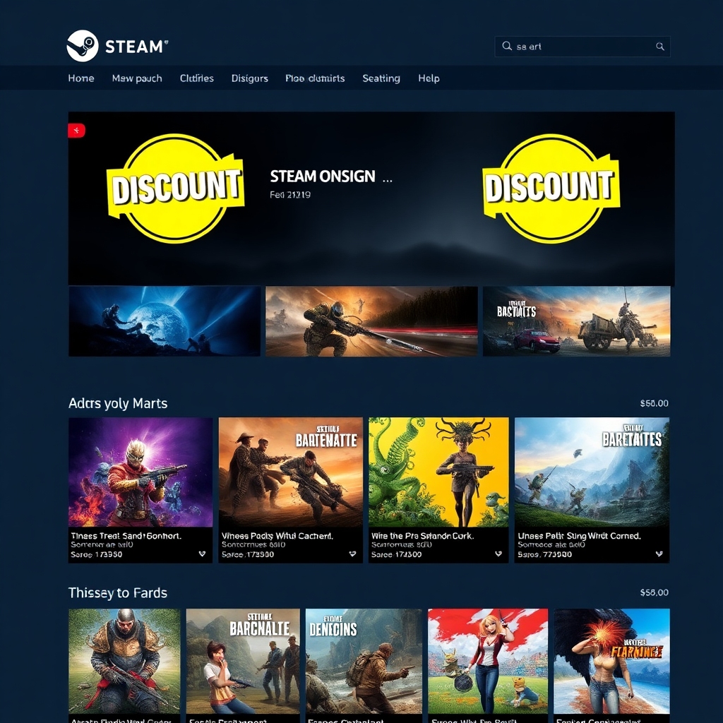 unbelievable - A dynamic screenshot of the Steam store page showcasing various game titles with large 'DISCOUNT' banners and