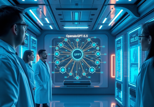 A futuristic, sleek laboratory interior with glowing blue data streams and holographic displays, showcasing a complex neural network diagram labeled 'Openais GPT-5.5'. Scientists in modern lab coats are observing the data with focused expressions, conveying a sense of groundbreaking technological advancement and discovery. The overall mood is high-tech and inspirational, with vibrant neon accents and a deep sense of future potential, ultra realistic, highly detailed, 8k quality, photorealistic