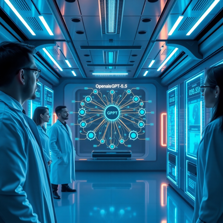 A futuristic, sleek laboratory interior with glowing blue data streams and holographic displays, showcasing a complex neural network diagram labeled 'Openais GPT-5.5'. Scientists in modern lab coats are observing the data with focused expressions, conveying a sense of groundbreaking technological advancement and discovery. The overall mood is high-tech and inspirational, with vibrant neon accents and a deep sense of future potential, ultra realistic, highly detailed, 8k quality, photorealistic