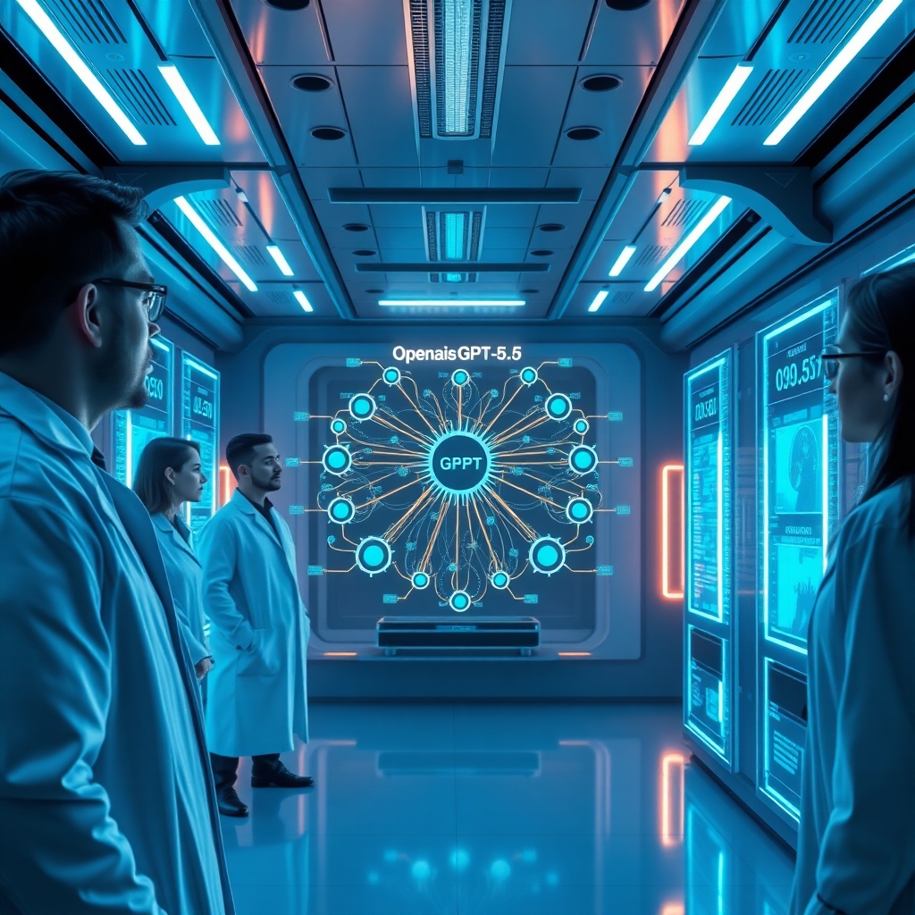 A futuristic, sleek laboratory interior with glowing blue data streams and holographic displays, showcasing a complex neural network diagram labeled 'Openais GPT-5.5'. Scientists in modern lab coats are observing the data with focused expressions, conveying a sense of groundbreaking technological advancement and discovery. The overall mood is high-tech and inspirational, with vibrant neon accents and a deep sense of future potential, ultra realistic, highly detailed, 8k quality, photorealistic