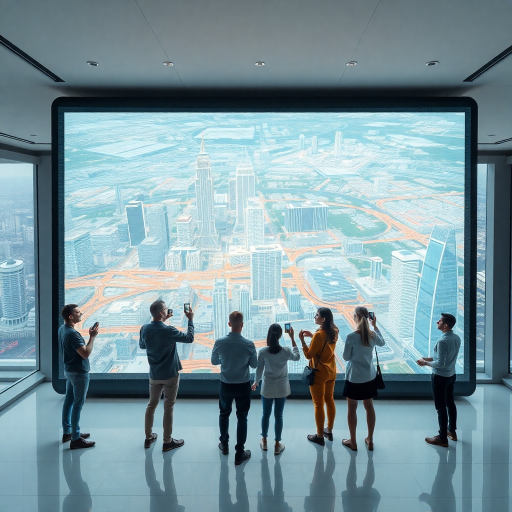 An immersive holographic interface projecting complex data visualizations of a cityscape, demonstrating advanced urban planni