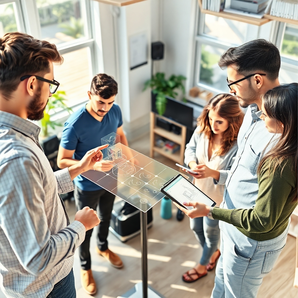 A diverse group of creative professionals collaborating in a vibrant, open-plan studio. One person is interacting with a holo