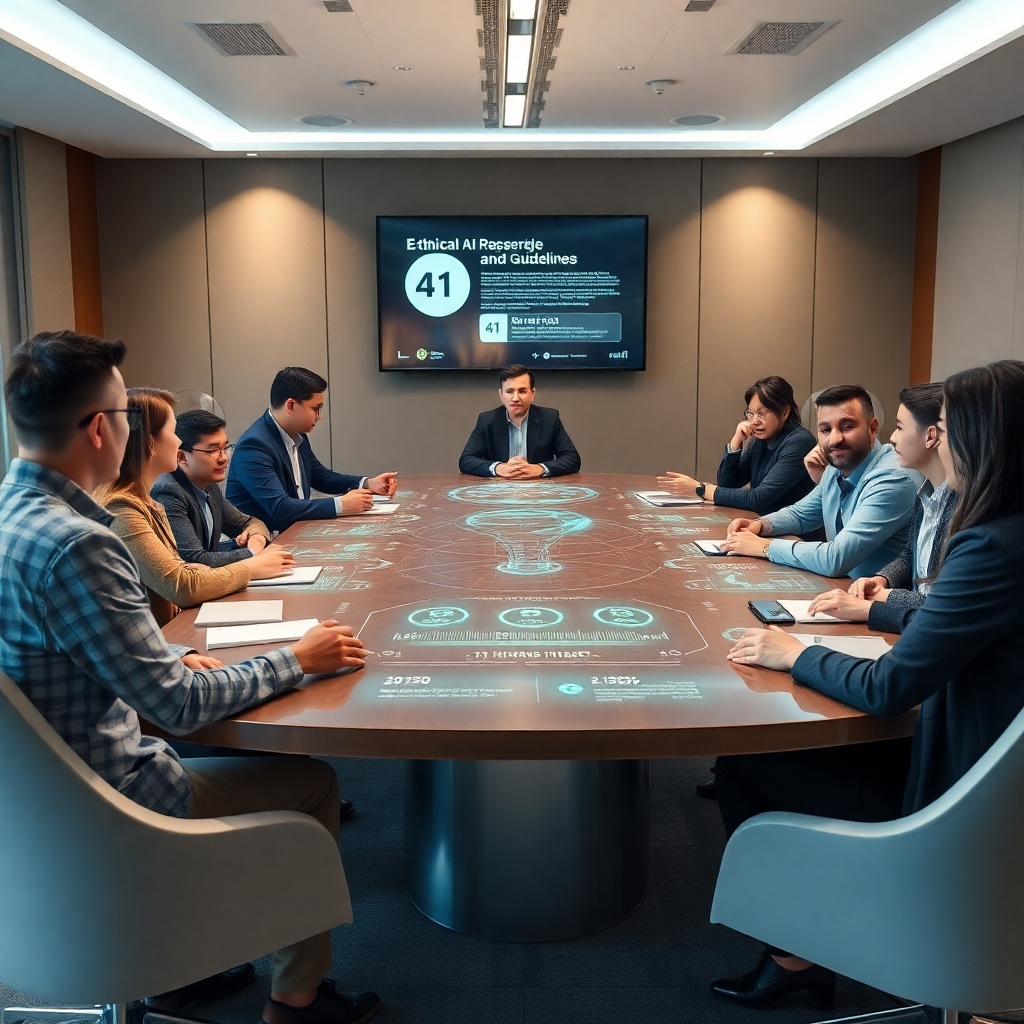A diverse group of people from various backgrounds, including ethicists, policymakers, and AI researchers, engaged in a thoug