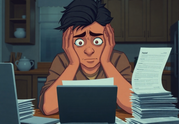 A person looking distraught and overwhelmed, sitting at a kitchen table surrounded by stacks of financial documents and a laptop, head in hands, dimly lit room, feeling of despair and confusion, realistic, high detail, cinematic lighting, cool tones, 8k quality