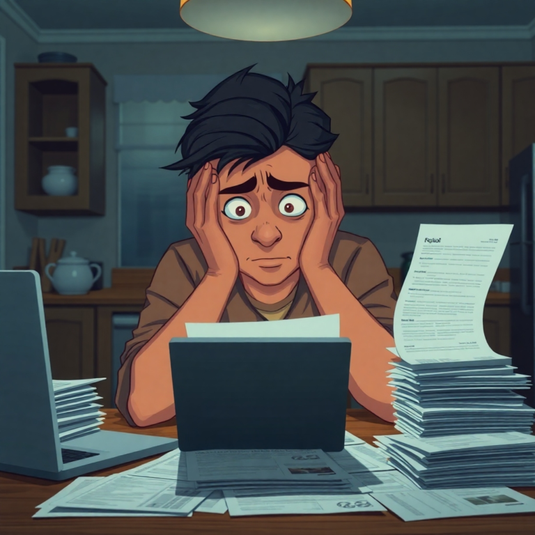 A person looking distraught and overwhelmed, sitting at a kitchen table surrounded by stacks of financial documents and a laptop, head in hands, dimly lit room, feeling of despair and confusion, realistic, high detail, cinematic lighting, cool tones, 8k quality