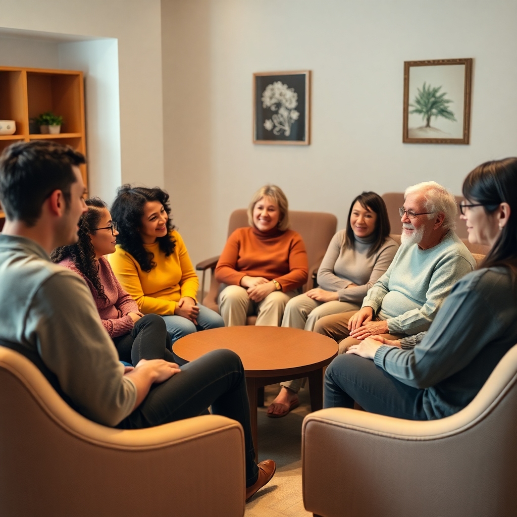 just - A diverse support group sitting in a circle, some sharing their stories, others listening empathetically, warm and inv