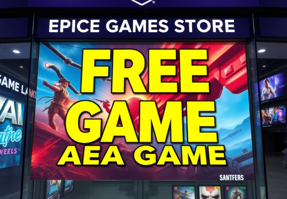 A vibrant, eye-catching Epic Games Store storefront display featuring a prominent 'FREE AAA GAME' banner for a highly anticipated title, with dynamic game art and bold typography. The background shows a bustling digital marketplace, conveying excitement and value to gamers, in a modern, high-resolution style.