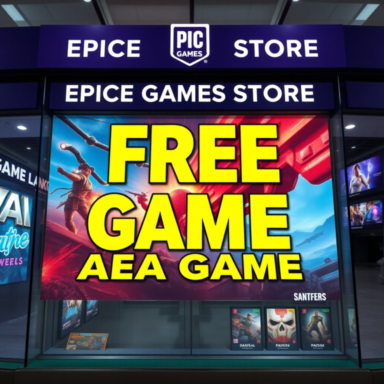 A vibrant, eye-catching Epic Games Store storefront display featuring a prominent 'FREE AAA GAME' banner for a highly anticipated title, with dynamic game art and bold typography. The background shows a bustling digital marketplace, conveying excitement and value to gamers, in a modern, high-resolution style.