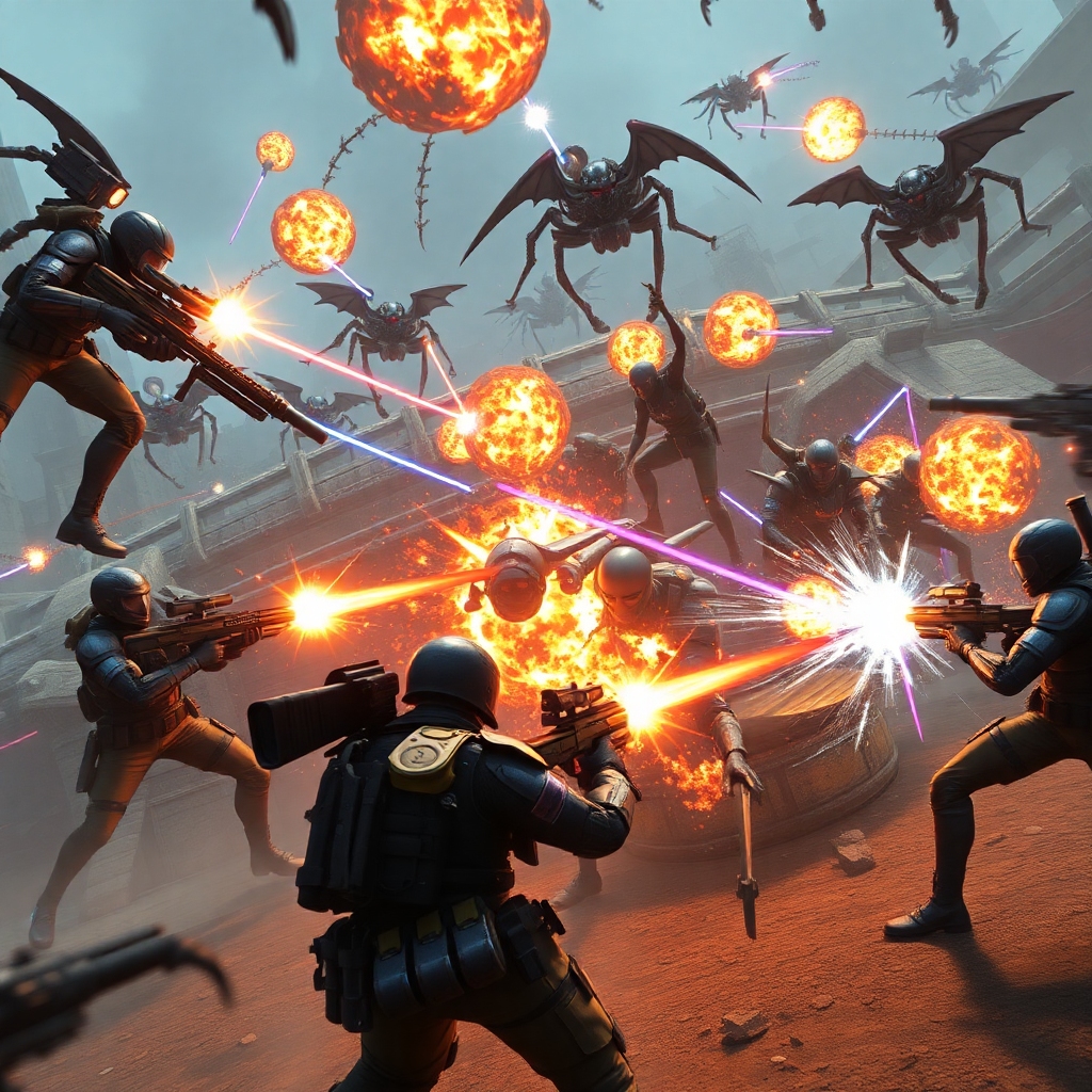 epic - A dynamic in-game screenshot from Helldivers 2 showcasing intense cooperative combat. Four heavily armed Helldivers ar