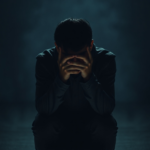 A person sitting alone, head in hands, looking deeply troubled and anxious, surrounded by a subtle, swirling aura of internal conflict and difficult choices, in a dimly lit, reflective setting, focus on emotional depth, cinematic atmosphere, ultra realistic, highly detailed, 8k quality, photorealistic