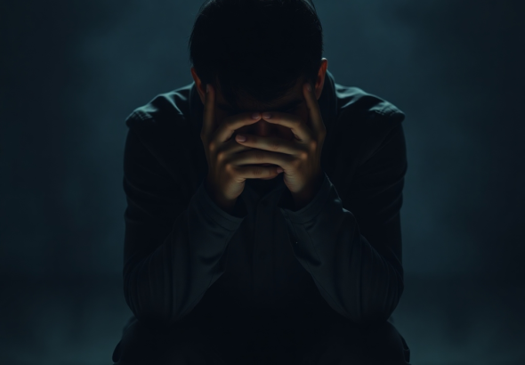 A person sitting alone, head in hands, looking deeply troubled and anxious, surrounded by a subtle, swirling aura of internal conflict and difficult choices, in a dimly lit, reflective setting, focus on emotional depth, cinematic atmosphere, ultra realistic, highly detailed, 8k quality, photorealistic