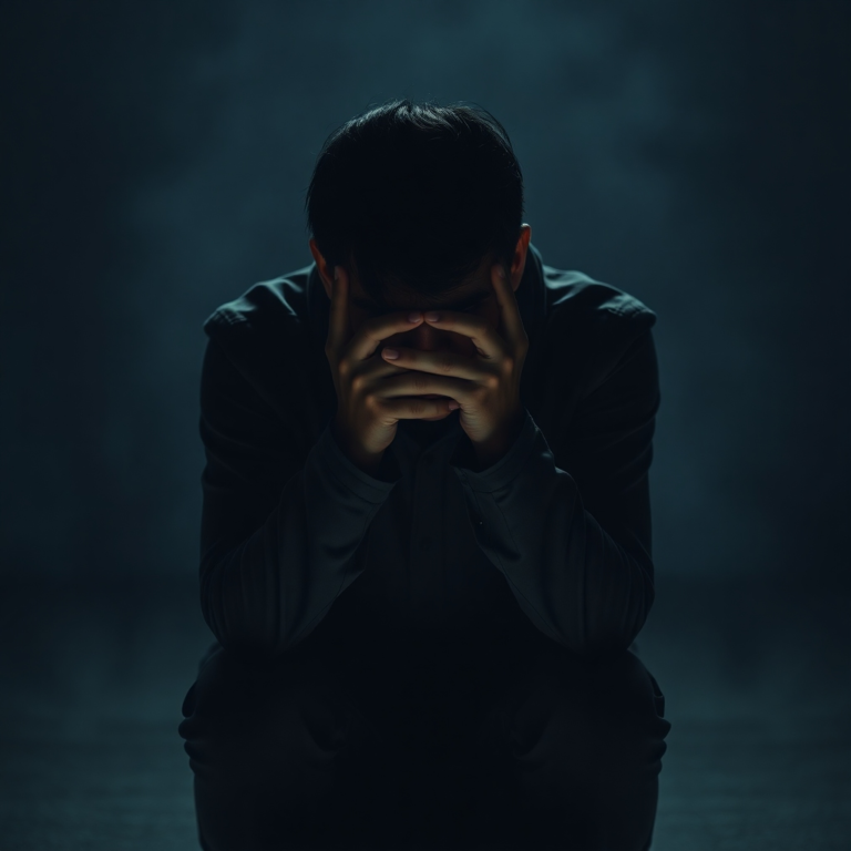 A person sitting alone, head in hands, looking deeply troubled and anxious, surrounded by a subtle, swirling aura of internal conflict and difficult choices, in a dimly lit, reflective setting, focus on emotional depth, cinematic atmosphere, ultra realistic, highly detailed, 8k quality, photorealistic