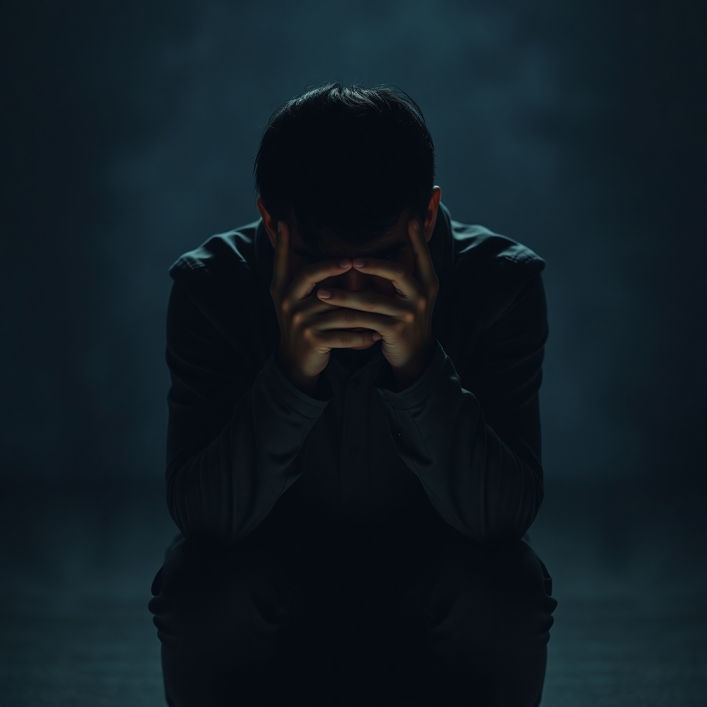A person sitting alone, head in hands, looking deeply troubled and anxious, surrounded by a subtle, swirling aura of internal conflict and difficult choices, in a dimly lit, reflective setting, focus on emotional depth, cinematic atmosphere, ultra realistic, highly detailed, 8k quality, photorealistic