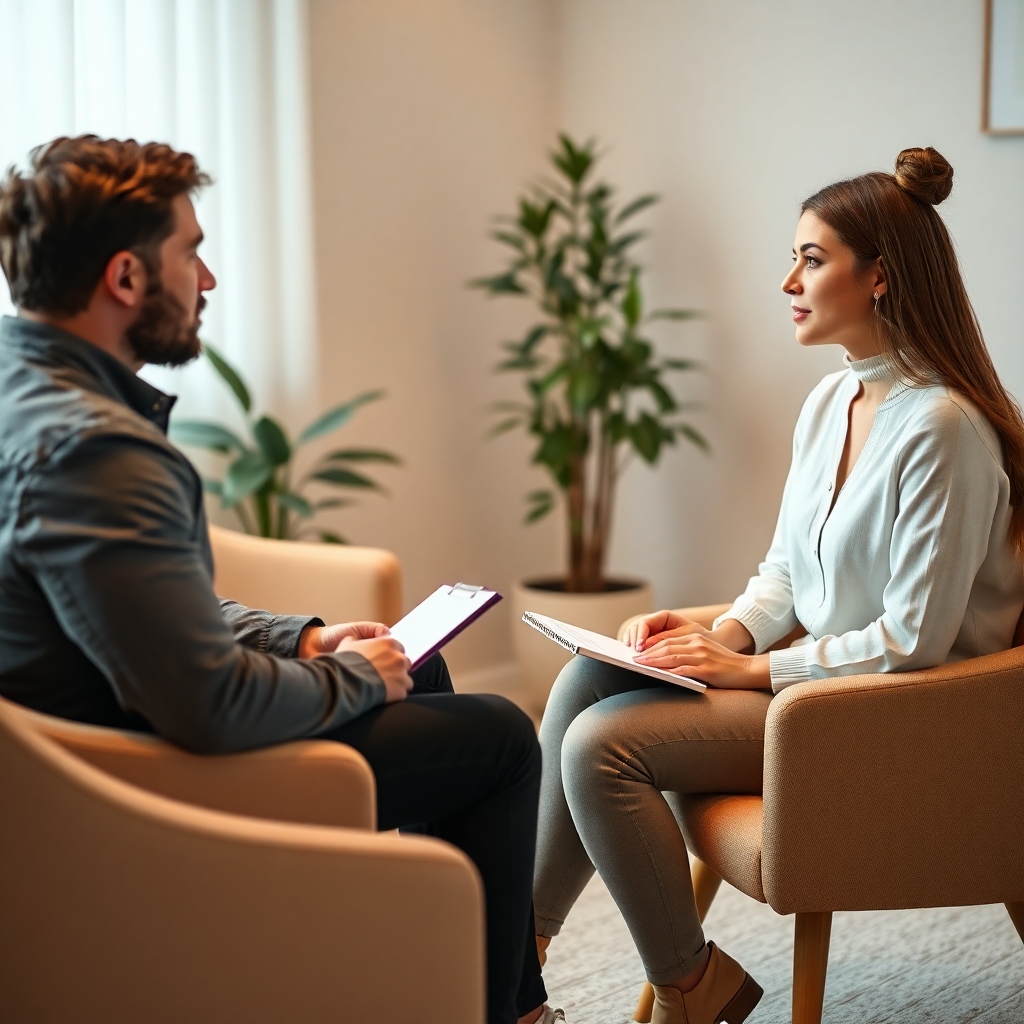 Two people, a man and a woman, sitting opposite each other in a warm, inviting therapy office, engaged in a serious but calm
