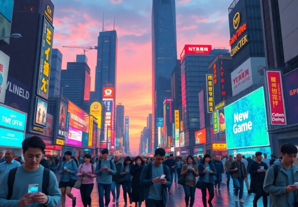 A vibrant, futuristic city skyline at dusk with holographic advertisements displaying 'Limited Time Offer!' and 'New Game Drop!', people rushing past, eyes glued to their smartphones, a subtle sense of digital urgency and excitement, neon lights reflecting on wet streets, cinematic, ultra realistic, highly detailed, 8k quality, photorealistic