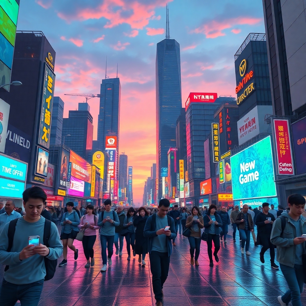A vibrant, futuristic city skyline at dusk with holographic advertisements displaying 'Limited Time Offer!' and 'New Game Drop!', people rushing past, eyes glued to their smartphones, a subtle sense of digital urgency and excitement, neon lights reflecting on wet streets, cinematic, ultra realistic, highly detailed, 8k quality, photorealistic