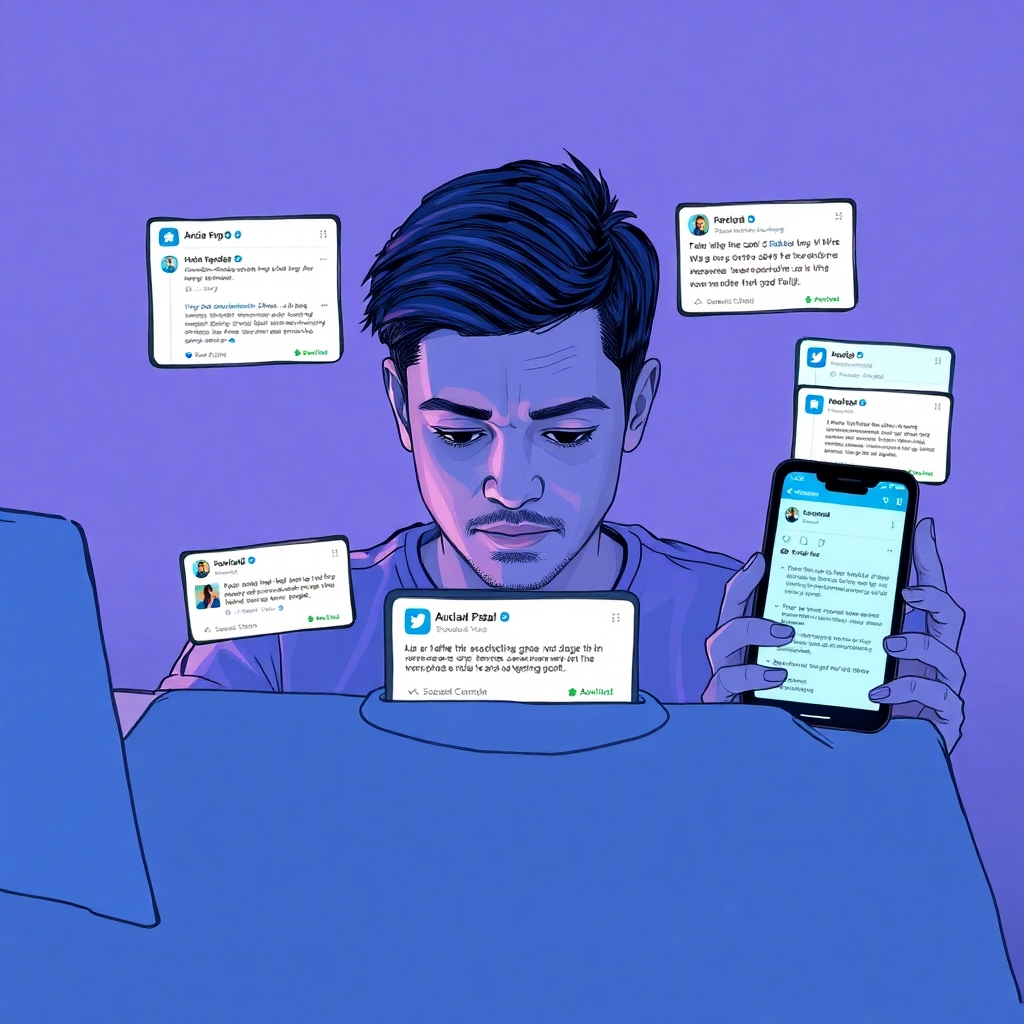 everything - A person looking at multiple glowing screens (laptop, tablet, phone) with different notifications popping up, sh