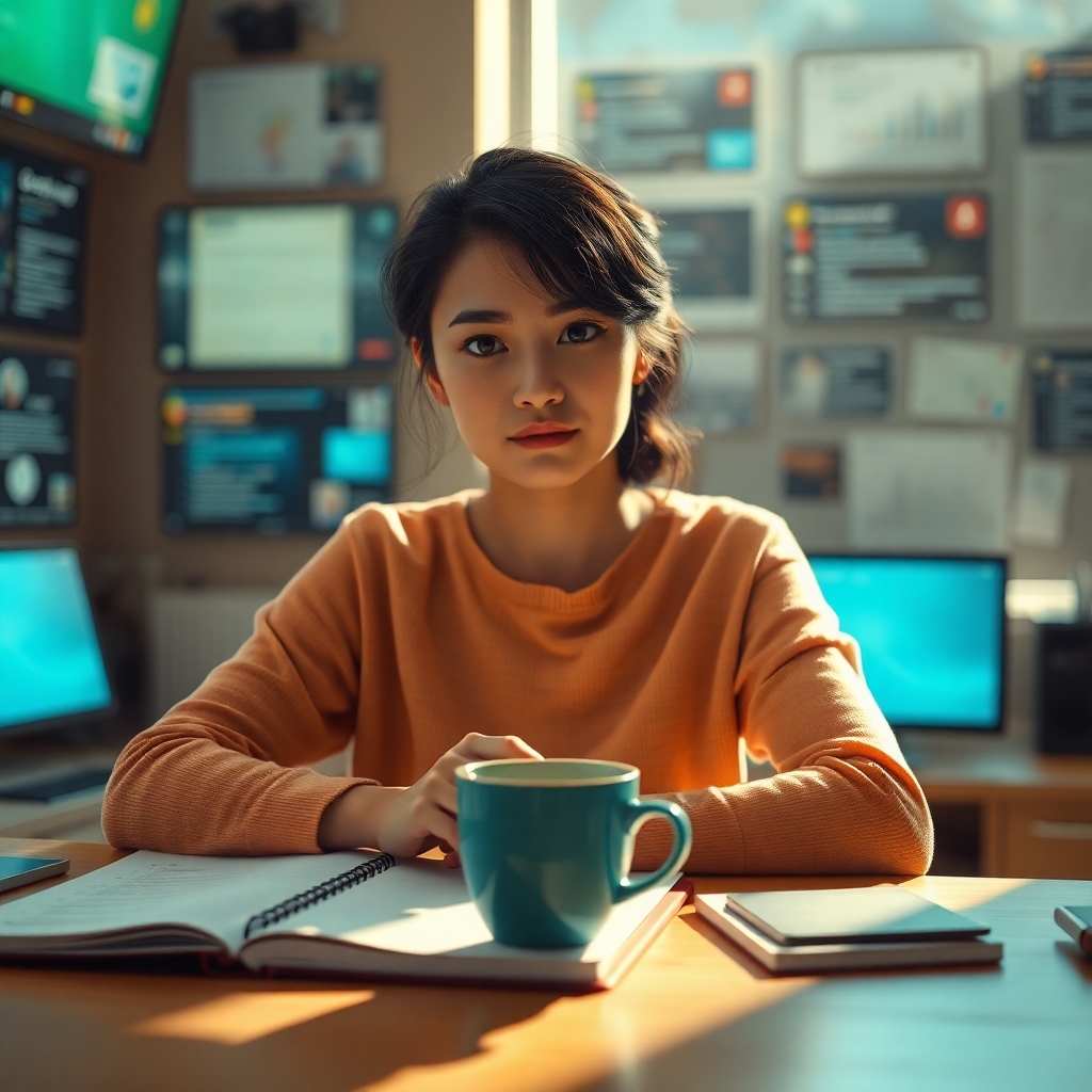 everything - A person calmly sitting at a desk with a planner and a single cup of tea, sunlight streaming in, looking compose
