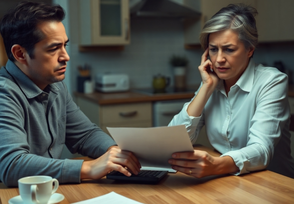 A couple sitting at a kitchen table, one partner looking downcast and the other looking distressed, with financial documents and a calculator between them. The mood is serious and tense, with muted colors and soft, diffused lighting, realistic, detailed, 8k quality, photorealistic