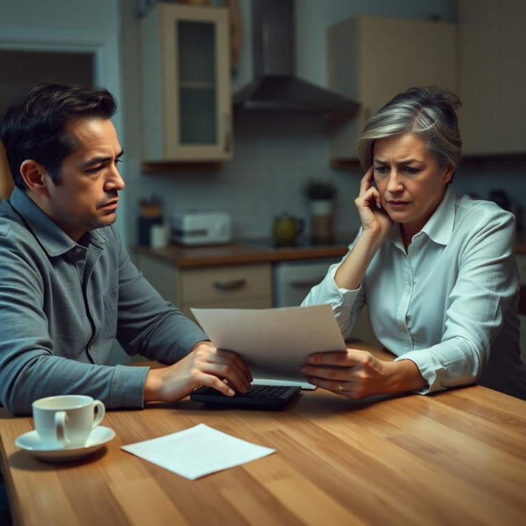 A couple sitting at a kitchen table, one partner looking downcast and the other looking distressed, with financial documents and a calculator between them. The mood is serious and tense, with muted colors and soft, diffused lighting, realistic, detailed, 8k quality, photorealistic