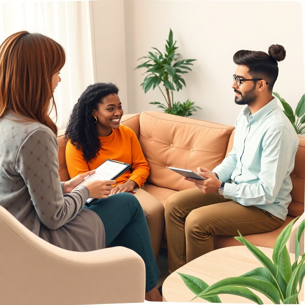 partner - A diverse couple sitting on a sofa, deeply engaged in conversation with a compassionate therapist, who is taking no