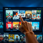 A vibrant and diverse collection of game covers displayed on a digital Steam library screen, with a 'Free' banner prominently featured on several titles. A hand reaches out as if to click, representing the excitement of a massive free game drop. The background is a subtle gradient of Steam's blue and black, with digital effects, highly detailed, gaming atmosphere, ultra realistic, 8k quality, photorealistic