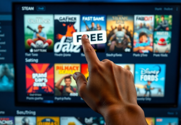 A vibrant and diverse collection of game covers displayed on a digital Steam library screen, with a 'Free' banner prominently featured on several titles. A hand reaches out as if to click, representing the excitement of a massive free game drop. The background is a subtle gradient of Steam's blue and black, with digital effects, highly detailed, gaming atmosphere, ultra realistic, 8k quality, photorealistic
