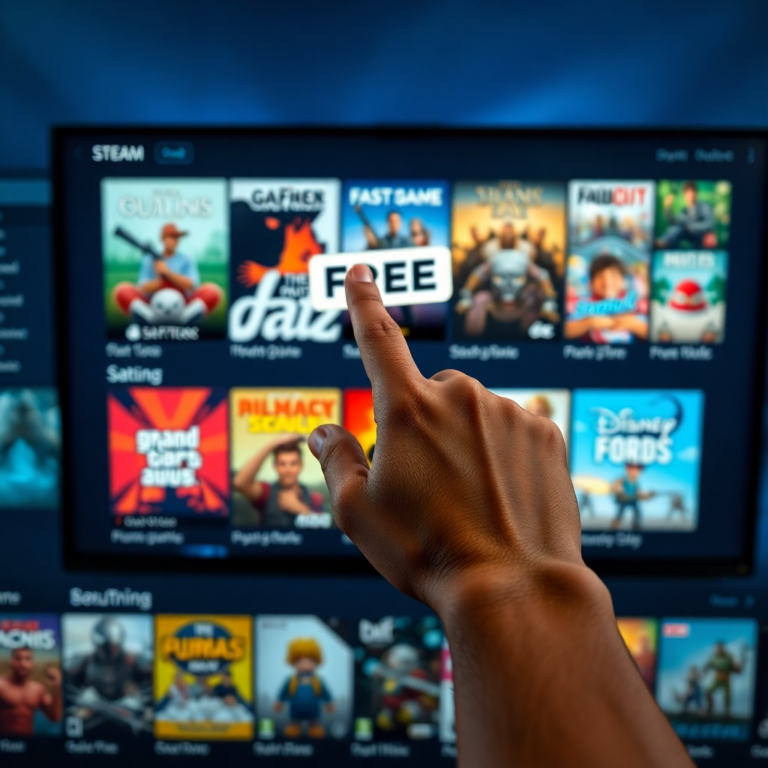 A vibrant and diverse collection of game covers displayed on a digital Steam library screen, with a 'Free' banner prominently featured on several titles. A hand reaches out as if to click, representing the excitement of a massive free game drop. The background is a subtle gradient of Steam's blue and black, with digital effects, highly detailed, gaming atmosphere, ultra realistic, 8k quality, photorealistic