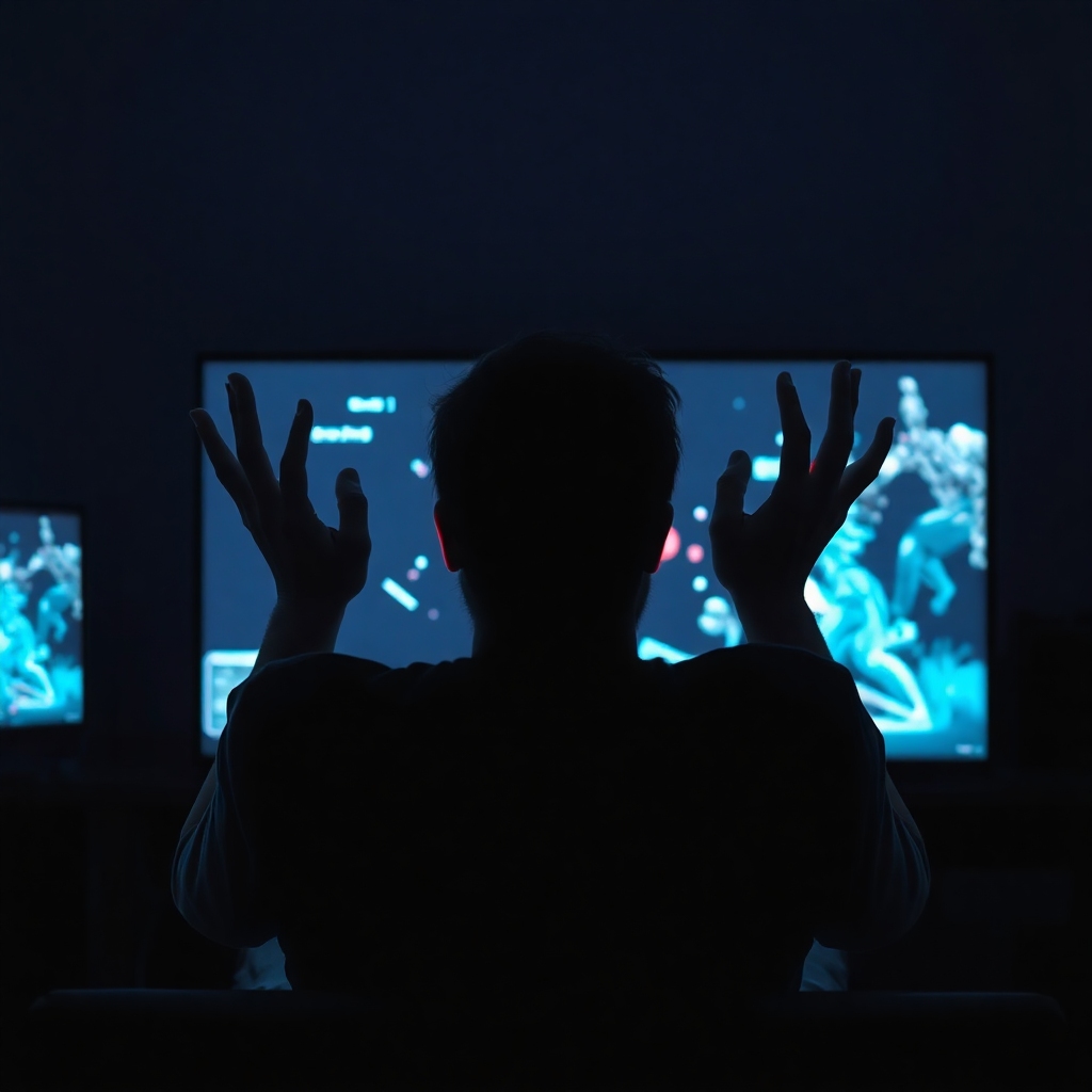 massive - A gamer sitting in a dimly lit room, illuminated by the glow of a monitor displaying a glitchy or error screen from