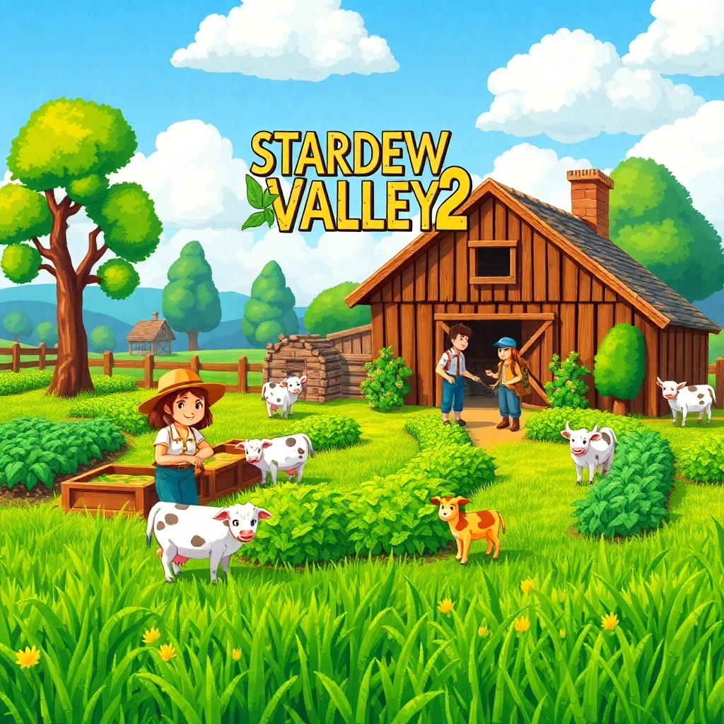 massive - A charming, pixel-art style farm scene, reminiscent of Stardew Valley, with a 'Stardew Valley 2' banner subtly inte