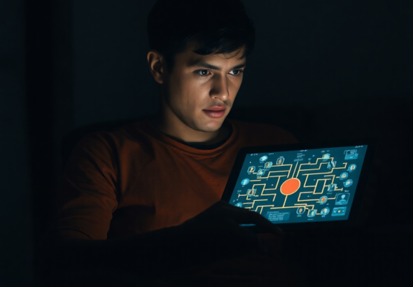A person sits alone, looking thoughtfully at a glowing tablet displaying complex DNA helix graphics and family trees, their expression a mix of shock and contemplation. The room is dimly lit, emphasizing introspection, with a sense of a world shifting around them. Cinematic atmosphere, ultra realistic, highly detailed, 8k quality, photorealistic