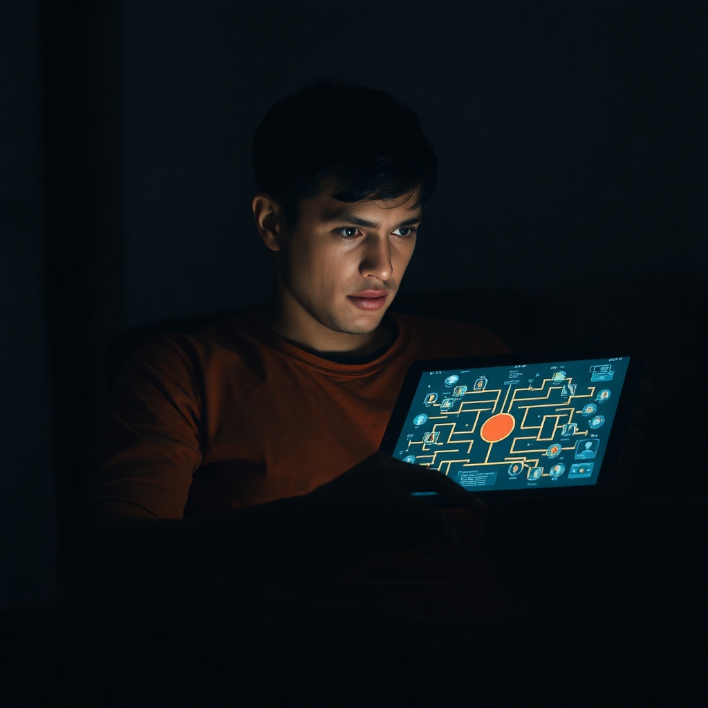 A person sits alone, looking thoughtfully at a glowing tablet displaying complex DNA helix graphics and family trees, their expression a mix of shock and contemplation. The room is dimly lit, emphasizing introspection, with a sense of a world shifting around them. Cinematic atmosphere, ultra realistic, highly detailed, 8k quality, photorealistic
