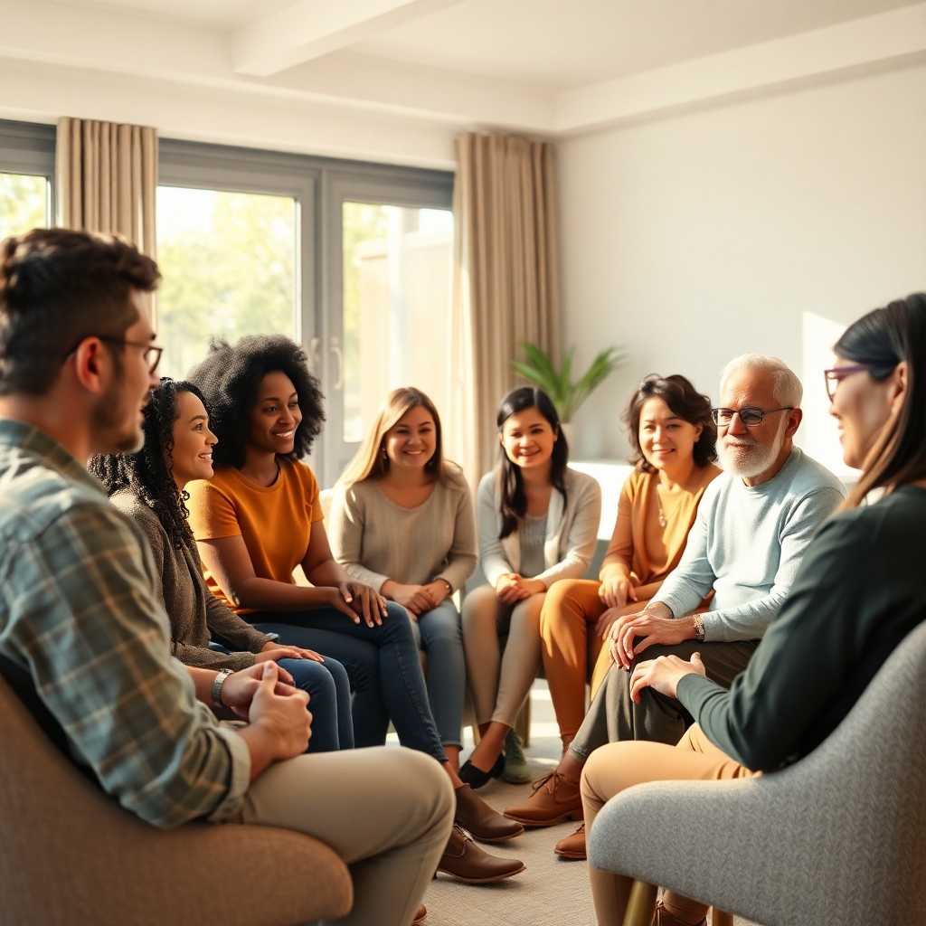 decoding - A diverse group of people sitting in a circle in a brightly lit, modern therapy room, actively listening and shari