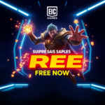 A vibrant, stylized digital banner announcing a surprise AAA free game from Epic Games. The banner features a dynamic hero character from a fantasy-action game, surrounded by glowing particles and a 'FREE NOW!' call to action. The background is dark and futuristic with subtle neon lights, conveying excitement and urgency. High resolution, gaming art style, dramatic lighting.