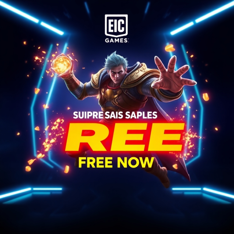 A vibrant, stylized digital banner announcing a surprise AAA free game from Epic Games. The banner features a dynamic hero character from a fantasy-action game, surrounded by glowing particles and a 'FREE NOW!' call to action. The background is dark and futuristic with subtle neon lights, conveying excitement and urgency. High resolution, gaming art style, dramatic lighting.