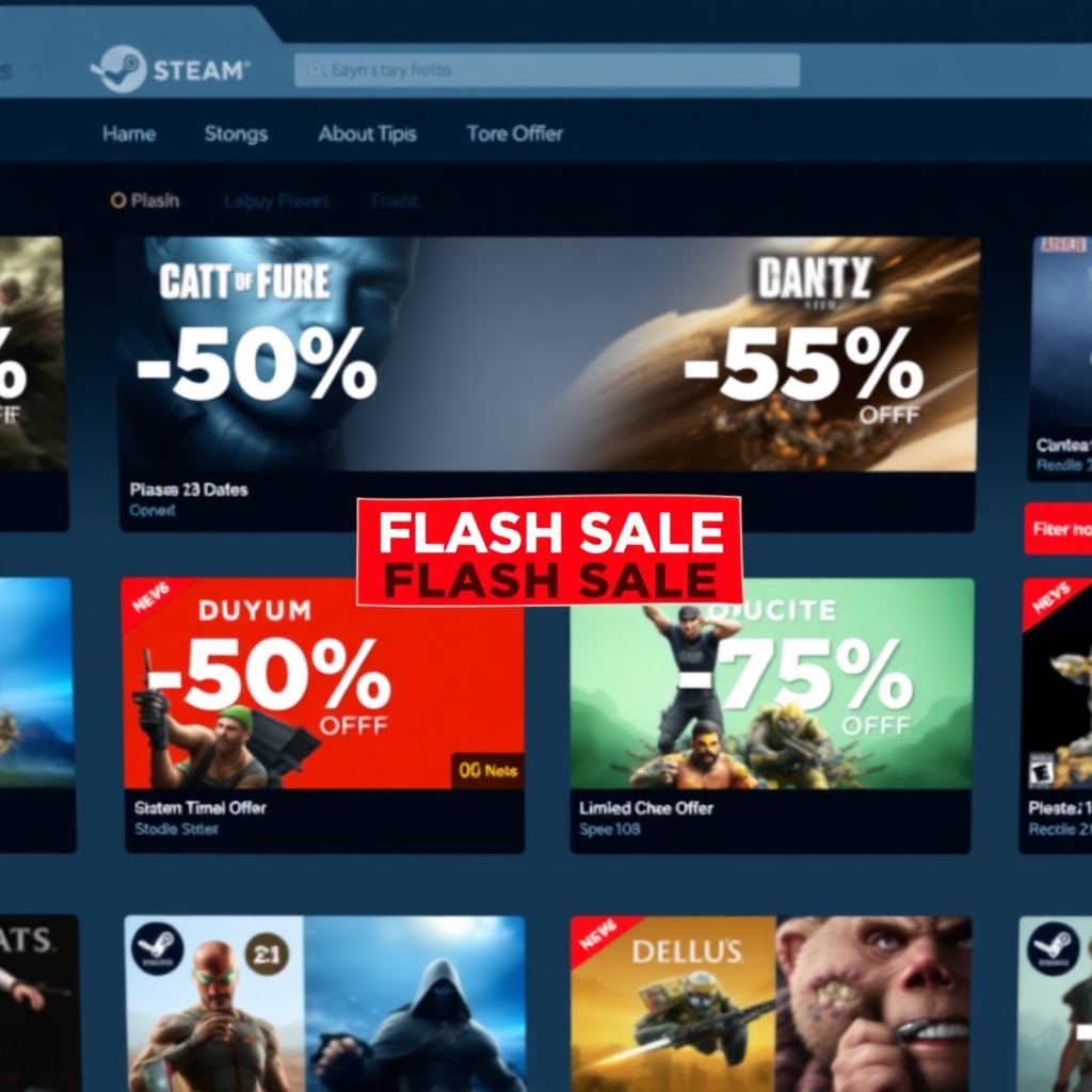 urgent - A dynamic screenshot of the Steam store page during a flash sale, showcasing multiple game covers with prominent dis