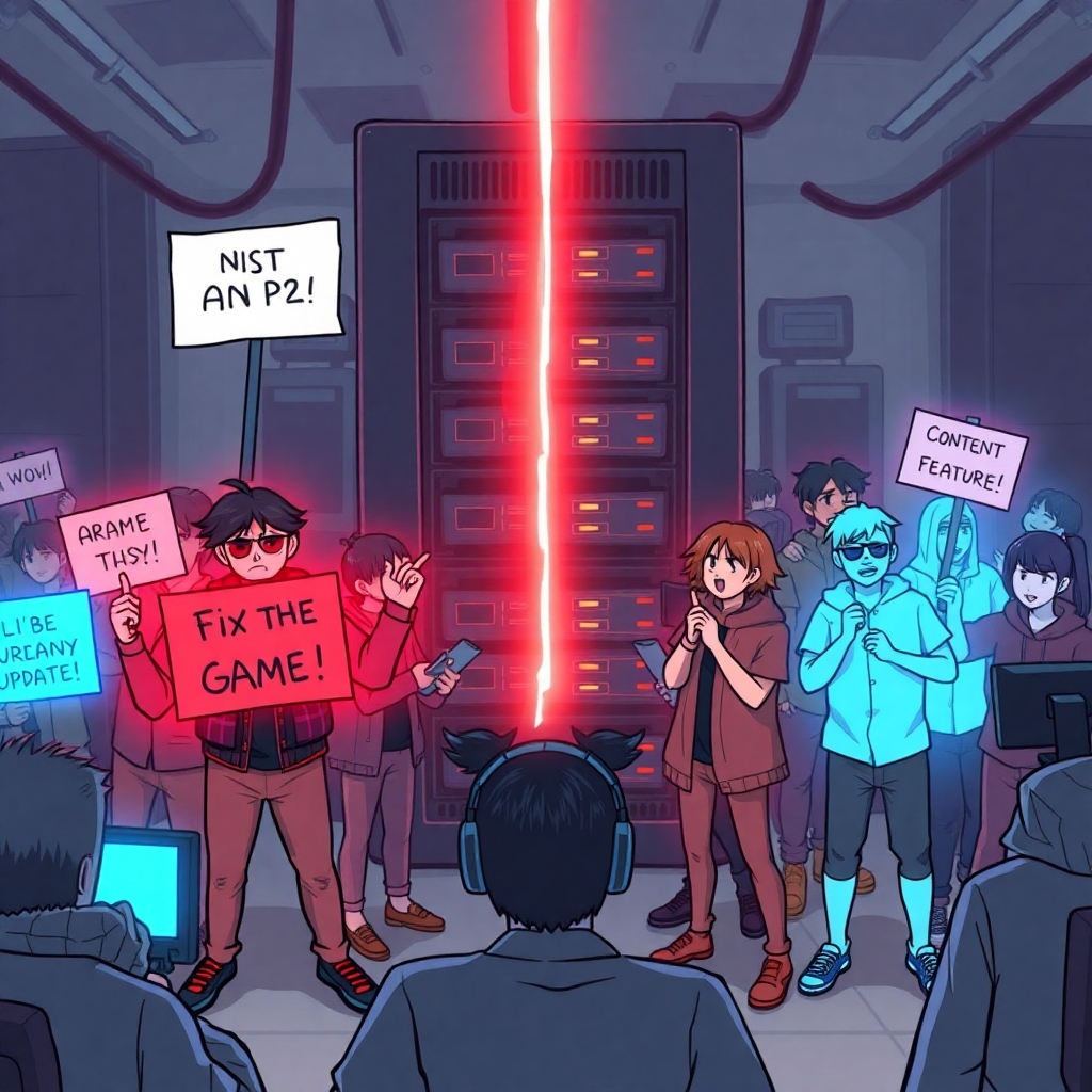urgent - A stylized illustration depicting a gaming community divided. On one side, angry gamers with red glow around them ar