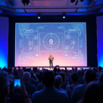 A futuristic Google CEO on stage at CES 2026, presenting a holographic display of the QuantumMind AI interface to a captivated audience. The stage is lit with neon blues and purples, reflecting off the sleek, minimalist design of the projection. The audience members are diverse, eyes wide with awe, many holding up phones to capture the moment. The overall mood is one of excitement and innovation, showing what everyone Googles in the future. Highly detailed, cinematic, 8k, photorealistic.