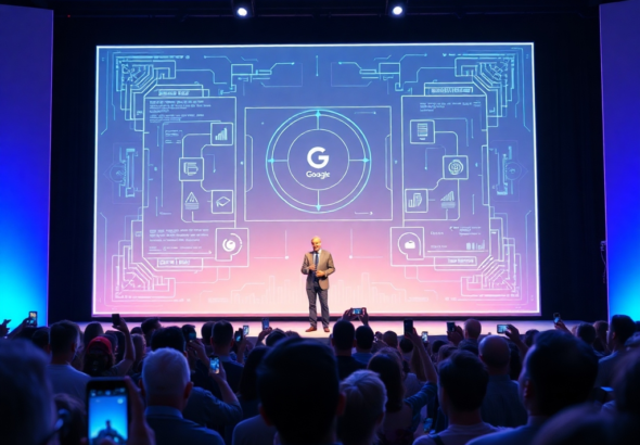 A futuristic Google CEO on stage at CES 2026, presenting a holographic display of the QuantumMind AI interface to a captivated audience. The stage is lit with neon blues and purples, reflecting off the sleek, minimalist design of the projection. The audience members are diverse, eyes wide with awe, many holding up phones to capture the moment. The overall mood is one of excitement and innovation, showing what everyone Googles in the future. Highly detailed, cinematic, 8k, photorealistic.