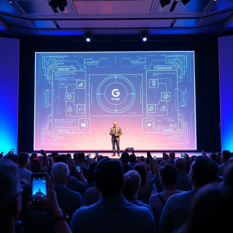 A futuristic Google CEO on stage at CES 2026, presenting a holographic display of the QuantumMind AI interface to a captivated audience. The stage is lit with neon blues and purples, reflecting off the sleek, minimalist design of the projection. The audience members are diverse, eyes wide with awe, many holding up phones to capture the moment. The overall mood is one of excitement and innovation, showing what everyone Googles in the future. Highly detailed, cinematic, 8k, photorealistic.
