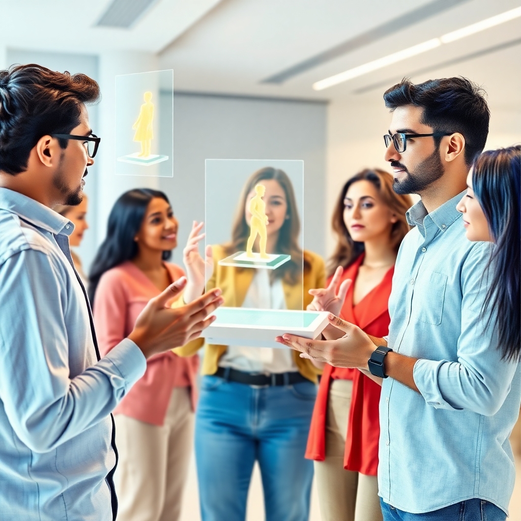 A diverse group of people interacting effortlessly with futuristic holographic interfaces powered by QuantumMind AI. One pers