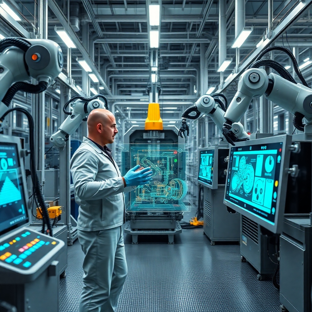 everyone - A cutting-edge smart factory floor, where QuantumMind AI interfaces are integrated into robotic arms and control p