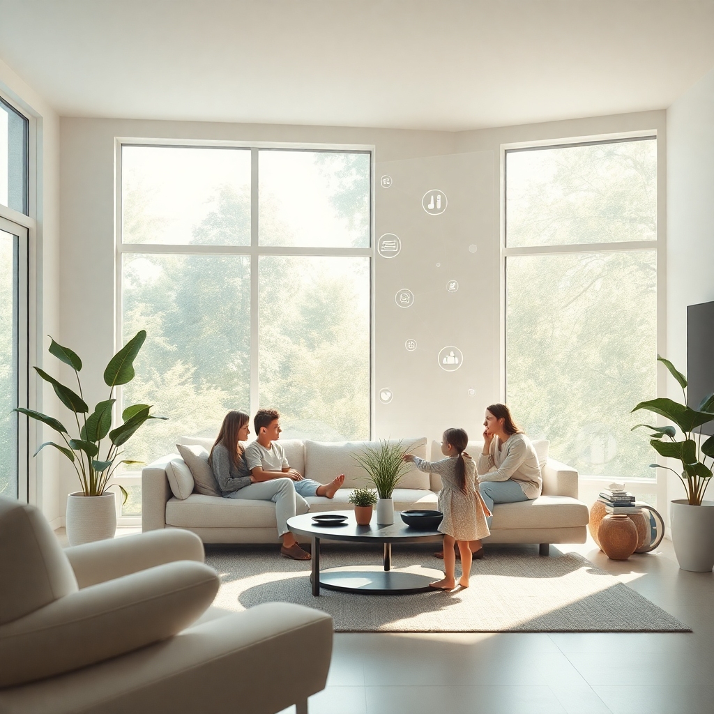 A serene, futuristic living room where a family is naturally interacting with a transparent, ambient AI interface that seamle