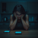 A woman sitting alone at a dimly lit kitchen table late at night, head in hands, a phone screen glowing nearby with a message notification, reflecting deep anxiety and the weight of a secret. The scene is slightly blurry in the background, focusing on her distress, with cool blue and grey tones, cinematic, realistic, high detail, 8k quality, photorealistic