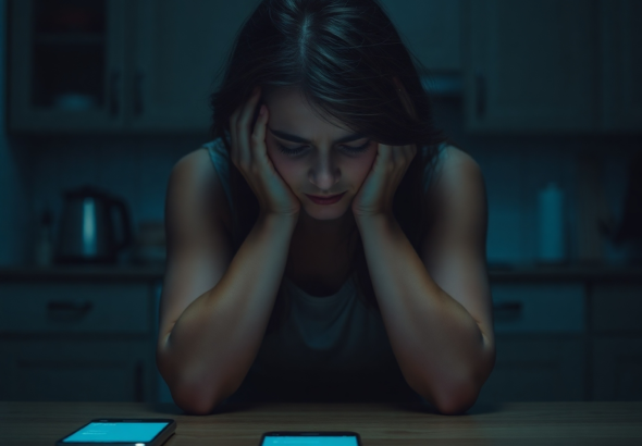 A woman sitting alone at a dimly lit kitchen table late at night, head in hands, a phone screen glowing nearby with a message notification, reflecting deep anxiety and the weight of a secret. The scene is slightly blurry in the background, focusing on her distress, with cool blue and grey tones, cinematic, realistic, high detail, 8k quality, photorealistic