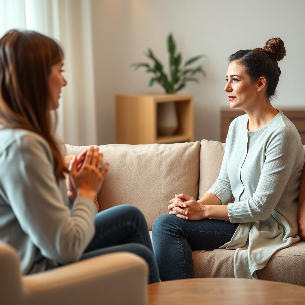 confession - A couple sitting on a therapy couch, facing a compassionate female therapist, hands clasped together, with expre