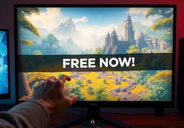 A vibrant, ultra-realistic screenshot of a high-fidelity AAA video game being displayed on a large gaming monitor, with a hand reaching for a mouse on a desk. The game features a fantastical open-world environment with lush forests and ancient ruins, cinematic lighting, and a 'FREE NOW!' banner subtly integrated into the screen, reflecting the excitement of a major game giveaway. Warm ambient light, highly detailed, 8k quality, photorealistic.